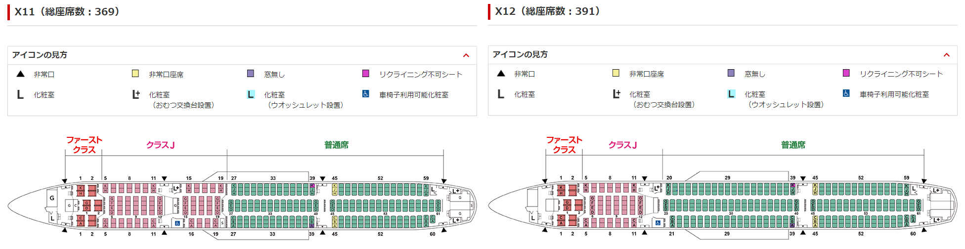 JALの国内線用A350-900型機の座席表