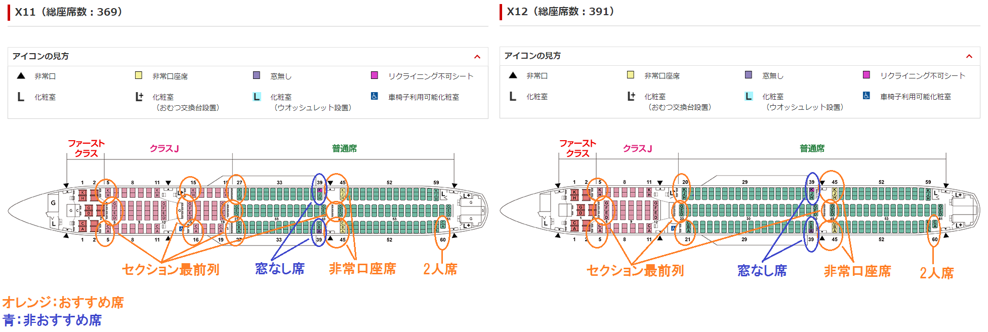 国内線用A350-900型機のおすすめ・非おすすめ座席の座席表