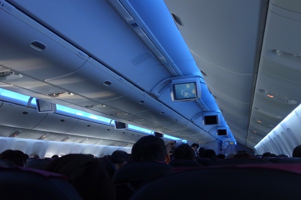 水平飛行中に青色に照明された機内の様子