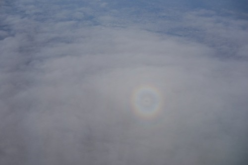 飛行中に稀に見ることができる丸い虹が飛行機の影を包み込むように見えるブロッケン現象