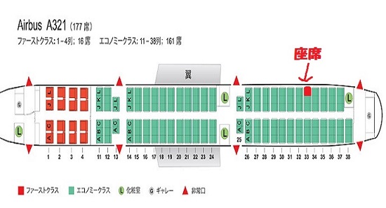 中国国際航空のA321型機の座席表と自席の位置