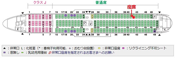JALのB767-300型機の座席表と自席の位置